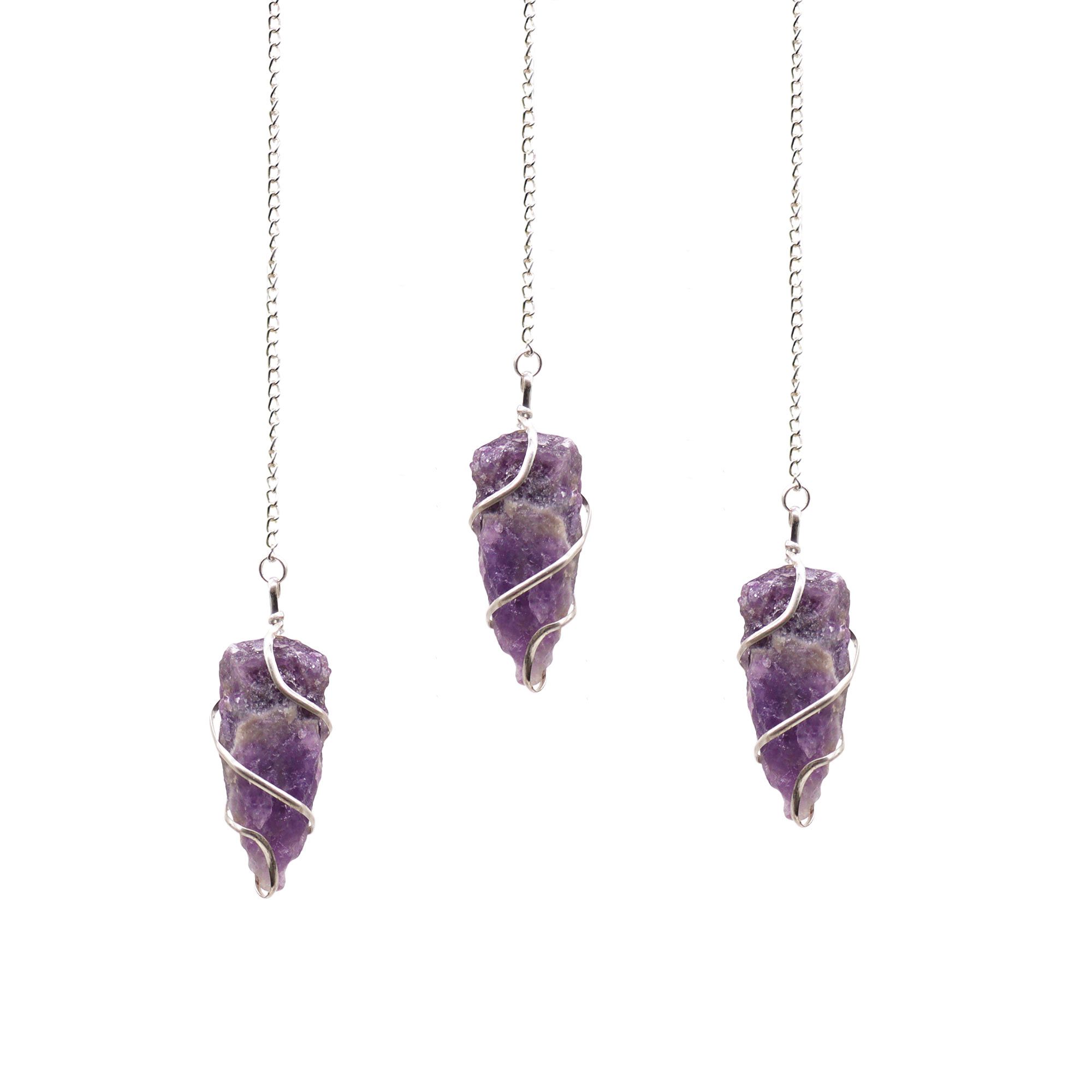 Raw amethyst pendulum with a natural rough-cut finish and silver-tone spiral.