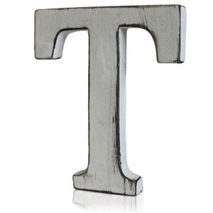 Handmade white letter 'T' from sustainable mango wood with a rustic finish.