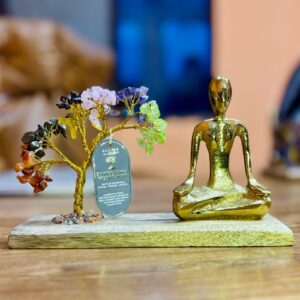 Handcrafted gemstone yoga garden featuring a tilted tree with 100 chipstones.