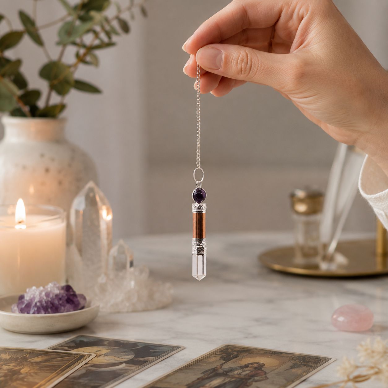 Copper pendulum featuring amethyst and quartz with polished point and silver-tone detailing.