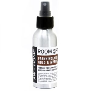 100ml room spray featuring a blend of gold, frankincense, and myrrh scents.