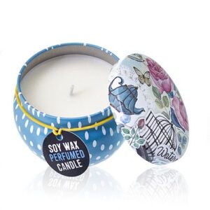 Colourful tin candle with peony design, perfect for home fragrance.