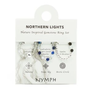 Gemstone ring set featuring soft greys, icy whites, and deep midnight tones.