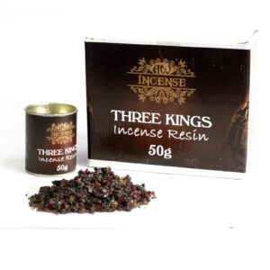 50g tub of Three Kings Resin for incense burning, showcasing its unique smoky fragrance.