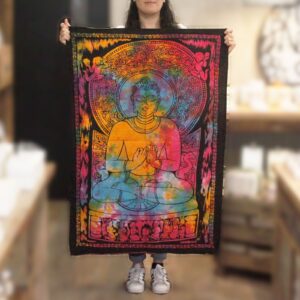 Vibrant cotton wall art featuring a peaceful Buddha design.