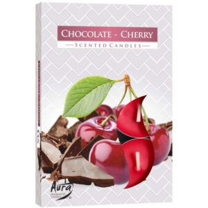 Set of 6 tealights in chocolate and sour cherry scents for a calming atmosphere.