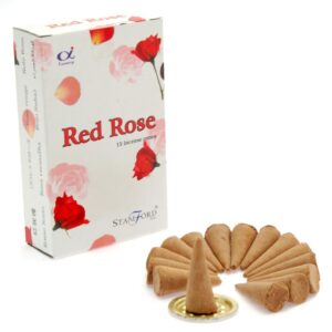Pack of Red Rose Incense Cones with a metal holder for home fragrance.