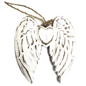 Handcrafted double angel wings and heart decoration in distressed wood.