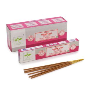 Satya Incense pack featuring Dream Land scent with white sage and rose.