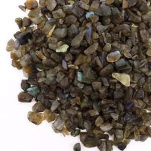 Natural Labradorite gemstone chips showcasing shimmering blue and green hues.