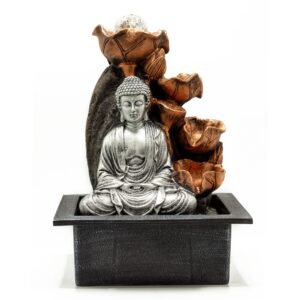 Silver Buddha tabletop water feature with a crystal ball and gentle flowing water.