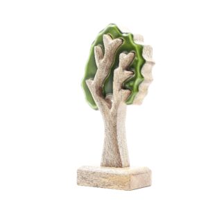 Handcrafted 3D wooden tree decoration in green enamel finish.