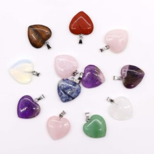 Assorted gemstone heart pendants in various colours and patterns.