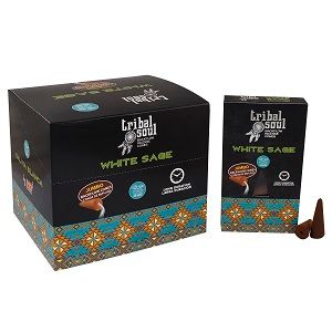 Tribal Soul backflow incense cones with a white sage scent for calming spaces.