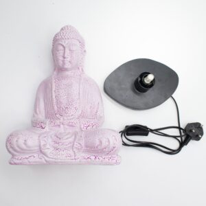 Meditation Buddha lamp with cherry crackle finish on an oval stand.