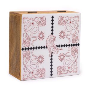 Enameled square box featuring a lion and snakes design for home decor.