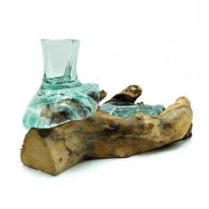 Elegant molten glass flower vase and tealight holder on a wooden base.