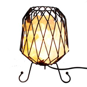 White salt chunks in a mesh brazier with a light fitting and bulb.