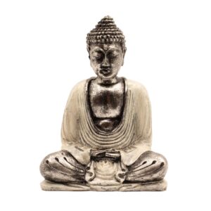 Medium white and grey Buddha statue for home decor and relaxation.