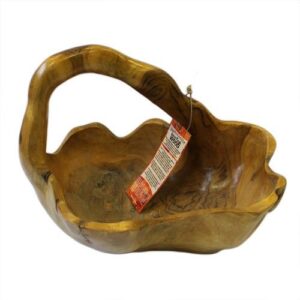 Hand-carved teak root bowl with unique abstract shape, perfect for display or serving.