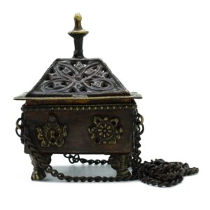 Handcrafted brass Tibetan burner with eight auspicious symbols hanging pot.