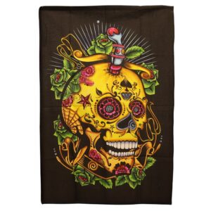Colourful Day of the Dead skull wall art with vibrant hues on a dark background.