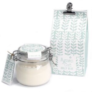 Kilner jar candle in Dolly Blue, exuding a calming and nostalgic scent.
