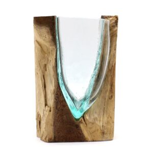 Handmade V-shaped art vase crafted from melted glass and wood.