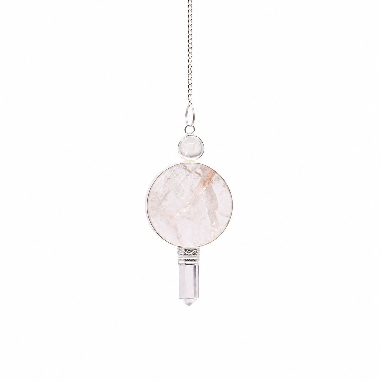 Distinctive pendulum featuring a clear crystal point and decorative silver-tone accents.
