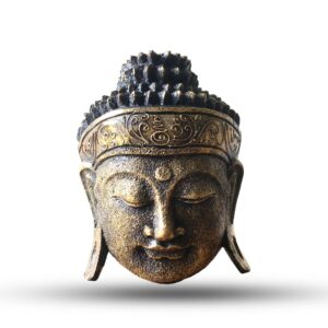 Handcrafted wooden Buddha head with a gold shine finish, symbolising peace.