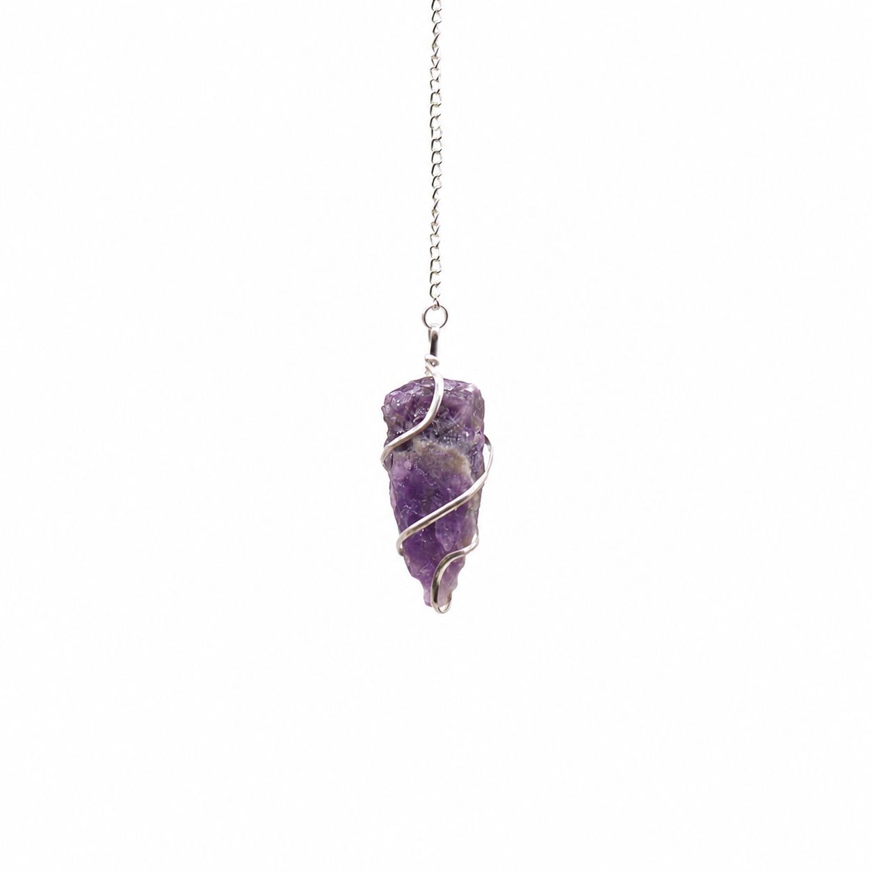 Raw amethyst pendulum with a natural rough-cut finish and silver-tone spiral.