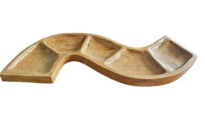 Unique snake-shaped teak bowl with multiple compartments for serving items.