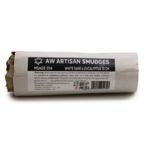 White sage and eucalyptus smudge stick for cleansing and aromatherapy.