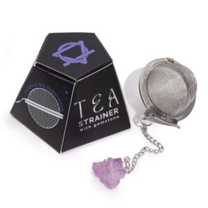 Raw amethyst cluster tea strainer with stainless-steel mesh for brewing tea.