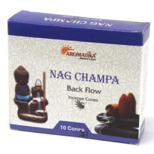 Aromatica Backflow Incense Cones in a decorative box with Nag Champa scent.