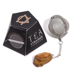 Gold Tigers Eye raw crystal gemstone tea strainer with stainless-steel mesh.