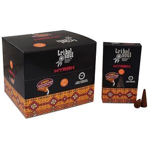 Tribal Soul Myrrh backflow incense cones with warm, spicy aroma for meditation.