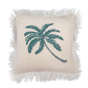Linen cushion cover featuring a palm tree design with fringe detailing.