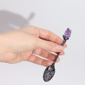 Set of 7 dark silver gemstone crystal witch spoons for mindful living.