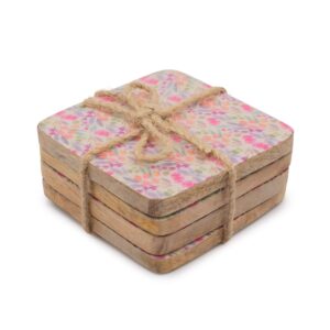 Set of four square coasters featuring a delicate floral design in pastel colours.