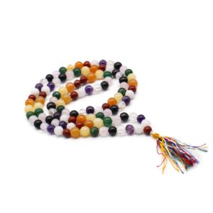 108 bead mala featuring gemstone beads for meditation and mindfulness practices.