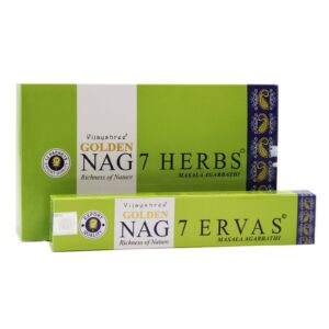 Golden Nag incense featuring a blend of seven herbs for a calming atmosphere.