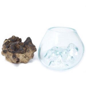 Handmade molten glass bowl resting on a piece of Balinese wood.