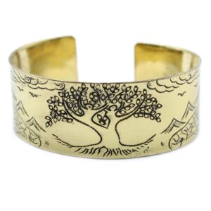 Brass Tibetan mantra bracelet featuring the Tree of Life design.