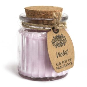 Violet soy pot candle in a reusable glass jar with cork lid and jute twine.