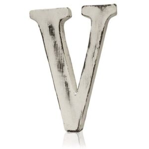 Handmade white alphabet letter 'V' crafted from sustainable mango wood.