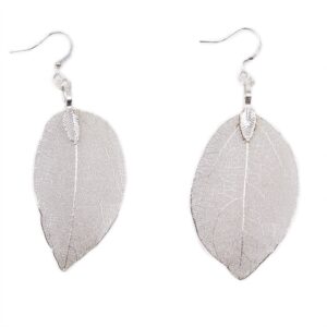 Silver earrings shaped like leaves, showcasing unique natural details.