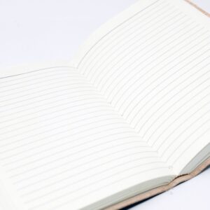 Leather-covered notebook with unique design and metal clasps, perfect for journaling.
