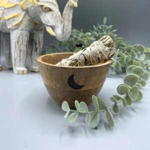 Wooden smudge and ritual offerings bowl featuring three moons design.