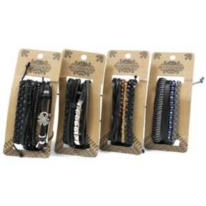 Stylish men's bracelet set featuring leather and metal charms in various designs.